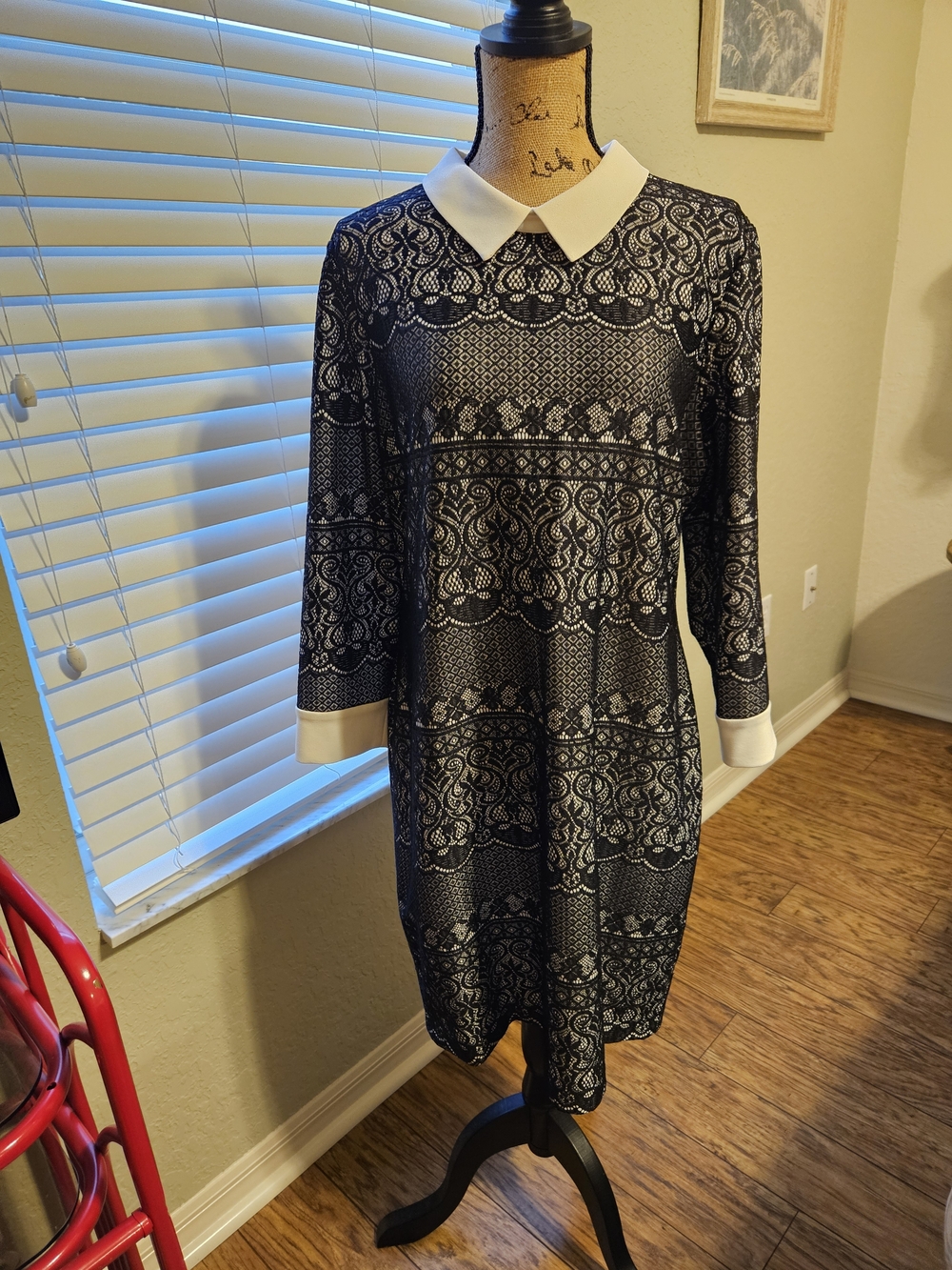 Ivanka Trump Black & White Lace-Pattern Collared Dress